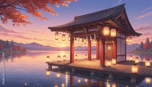 Traditional Japanese wooden pavilion on a lake during sunset with lanterns.