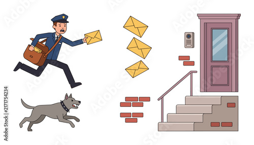 Bild auf Leinwand Scared Mailman Running from Angry Dog Icon Set with Envelopes House Steps and In