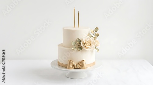 Elegant two-tier white wedding cake with gold bow and floral decor. Minimalist tiered celebration cake on pedestal. Luxury anniversary dessert.
