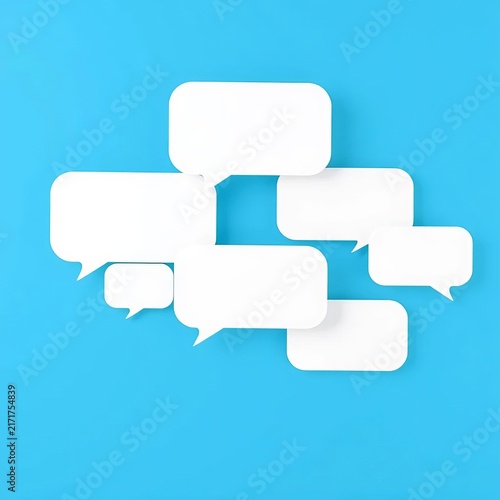 empty white speech bubbles floating in a bright blue background, conveying isolation, ||silence, abstract.