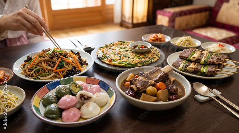 Obraz premium Chuseok celebration with Korean food songpyeon, japchae, pajeon, and galbijjim
