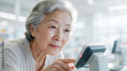 Payment confirmation service using fingerprint or face ID scanner, elderly Korean-American woman leaning towards scanner, convenient payment service while shopping in store, poster with copy space