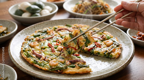 Chopstick picking up pajeon, savory Korean pancake made with fresh green onions or scallions and seafood