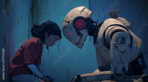 Young girl with dark hair in red shirt sits on the floor next to a humanoid robot with glowing red eye, both positioned against a textured wall in a dimly lit environment
