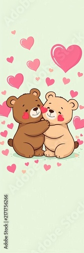 Whimsical cartoon bears embracing each other amidst a field of hearts on a soft mint green background, playful, forest