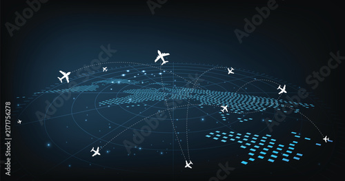 Airplane flies glowing 3D world map with interconnected travel routes. Represents global air travel, aviation logistics, and international connectivity in a digital tech style.	