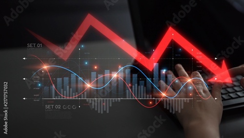 фотографія Economic caution visualized with fluctuating market graph, alert symbols, and negative data trends
