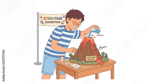 Young boy doing volcano science experiment at school exhibition