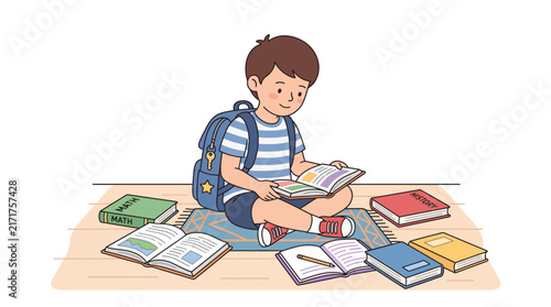 Little boy studying and reading books on the floor