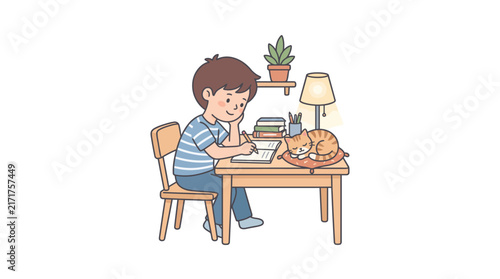 Young boy writing at desk with sleeping cat illustration
