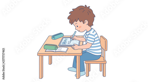 Young boy sitting at a desk writing on a digital tablet