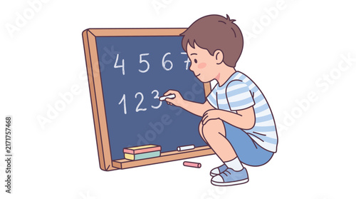 Young boy writing math numbers on a blackboard