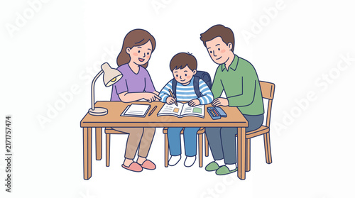 Parents helping their young son with homework at home