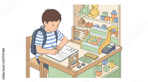 Little boy studying math and financial literacy with toy register