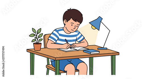 Boy doing homework at desk with lamp and plant