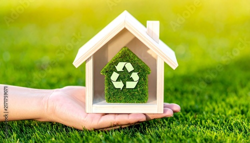 Green home glows with radiant clarity, radiating resilience, sustainability, and harmony; a vivid emblem of recycling, ecology, and transformation within environment.