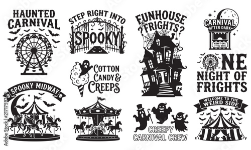 Collection of black and white halloween carnival themed emblems featuring haunted houses, ferris wheels, carousels, ghosts, bats, and spooky typography for holiday decorations