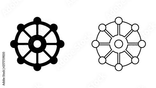 Foto Dharma Wheel Symbols: A set of two dharma wheel symbols, one black filled icon and one outline icon, representing Buddhist and Hindu principles and spirituality