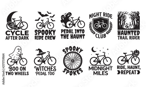 Collection of ten black and white halloween themed bicycle featuring ghosts, bats, pumpkins, spider webs, and spooky text slogans for cycling enthusiasts and holiday events