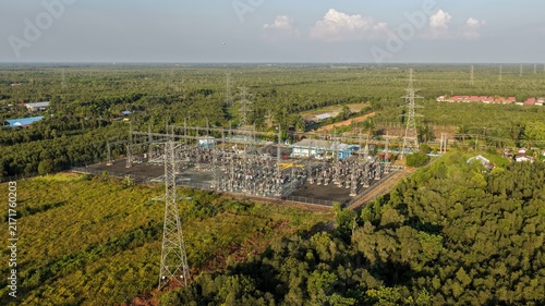 Aerial view of a power substation distributing electricity to the rural countryside area