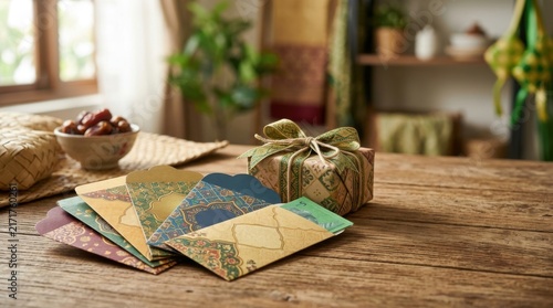 Ornate Gift Box and Money Envelopes on Wooden Table