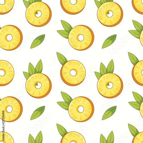 Fresh Pineapple Rings with Green Leaves Seamless Repeat Pattern