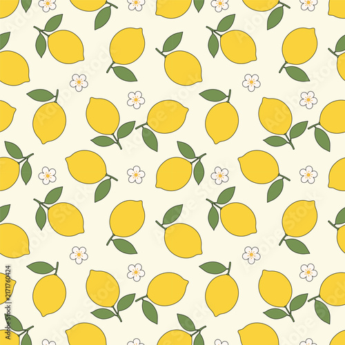 Yellow Lemon and Green Leaves Seamless Repeat Pattern with Floral Accents
