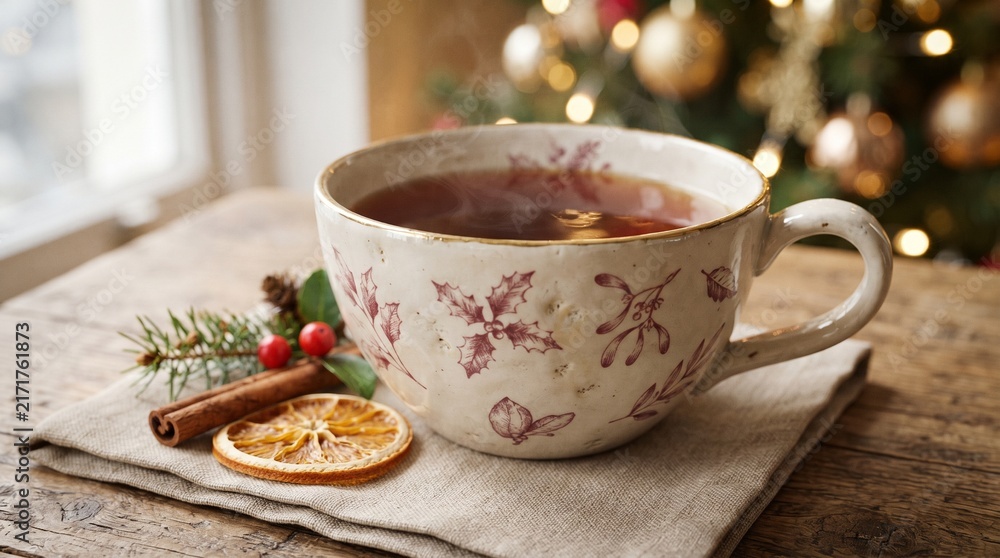 Fototapeta premium Cream ceramic teacup filled with dark tea, burgundy botanical decoration, gold rim with cinnamon stick and dried citrus in cozy Christmas atmosphere