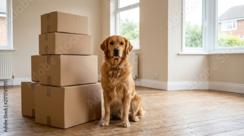 Golden Retriever Dog Sits Beside Stack of Cardboard Boxes in New Home