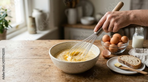 Hand Whisking Eggs in Bowl for Baking Preparation in Kitchen