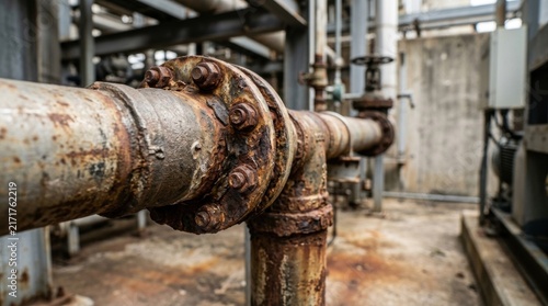 Heavily Rusted Industrial Pipe with Bolts and Flange in Dilapidated Factory