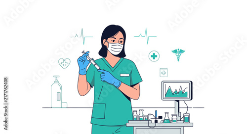 Nurse prepares injection, medical icons and monitor, isolated