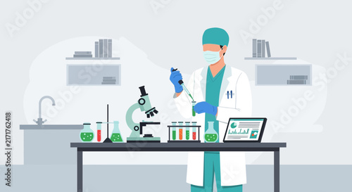 Scientist Conducting Experiment in Laboratory with Microscope and Test Tubes