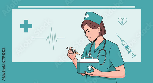 Nurse with Syringe and Medical Kit, Healthcare Vector Illustration