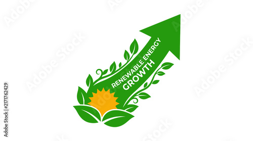 Green upward arrow symbolizing renewable energy growth with sun and leaves