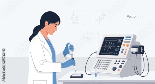 Scientist using pipette with medical equipment in lab, DNA and microscope icons