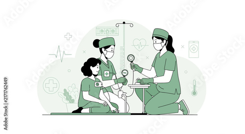 Nurses Caring for Child, Medical Illustration, Transparent Background