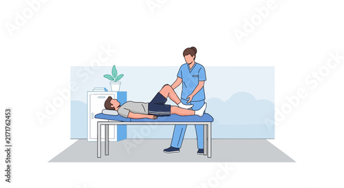 Physical therapist helping patient with leg exercise on table