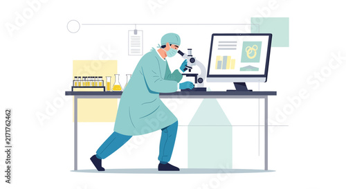 Scientist working with microscope and computer in laboratory, illustration