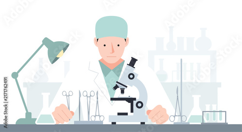 Scientist with Microscope and Lab Equipment on Transparent Background