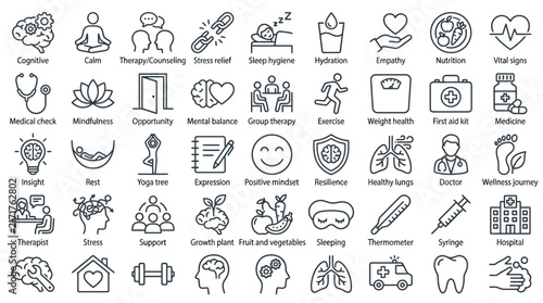 Set of 45 wellness mental health and healthcare line icons