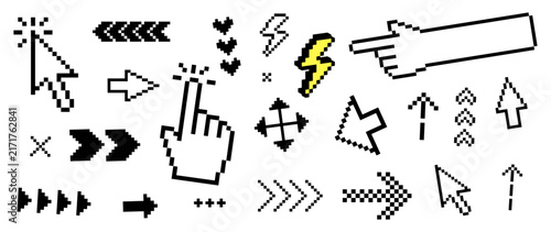 Retro Y2K pixel interaction icons with cursors, pointer hand, directional arrows, navigation controls and touch gestures. 8bit vector elements for UI design, web, mobile applications, digital products