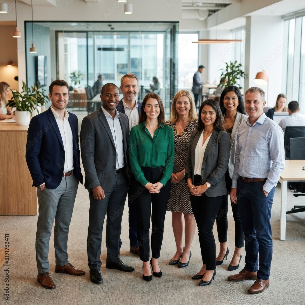 Fototapeta premium Diverse Professional Team Poses Confidently In Modern Office Environment