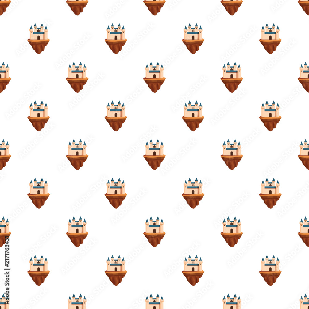 Fototapeta premium Pattern featuring many cartoon castles on small brown ground pieces hovering on white