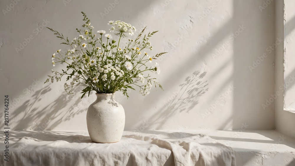 Fototapeta premium White flowers in a ceramic vase on a table with soft sunlight and shadows