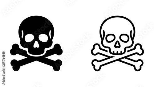 Foto Skull and Crossbones Icon: A stark representation of danger, featuring the classic skull and crossbones symbol in both solid black and outline form