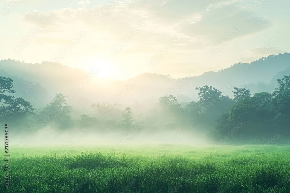 Naklejka premium Stunning Early Autumn Morning Fog Over An Open Field Nature Horizon Sunset Landscape Scenic View.