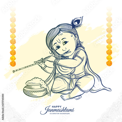 Happy janmashtami greetings with lord krishna sketch art illustration design