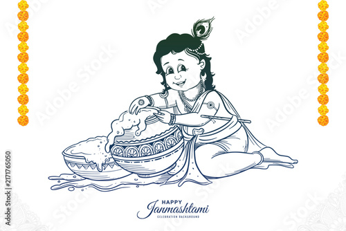 Hand draw sketch happy janmashtami indian festival card design