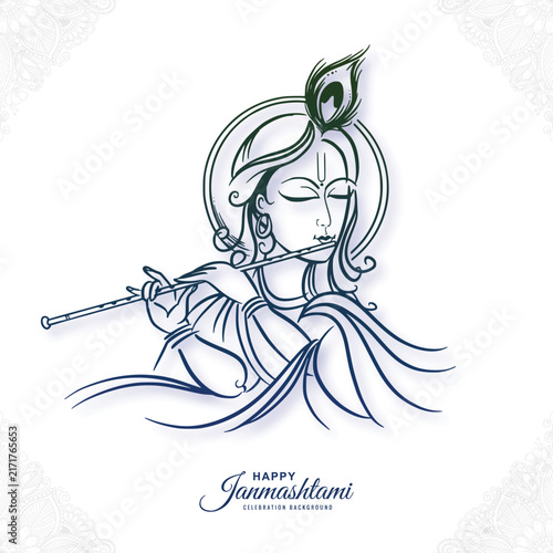 Happy janmashtami with lord krishna hand playing bansuri sketch design